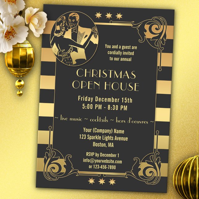 Art Deco Guld Gatsby jul-inbjudan till Helgdagar Inbjudningar (Christmas Holiday invitation in a 30-ies and Gatsby inspired art deco style with golden stripes)