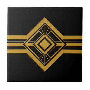 Art Deco Guld Geometric Gräns Black Kakelplatta