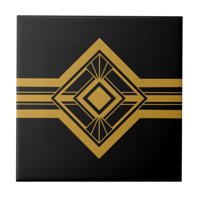 Art Deco Guld Geometric Gräns Black Kakelplatta (Framsidan)