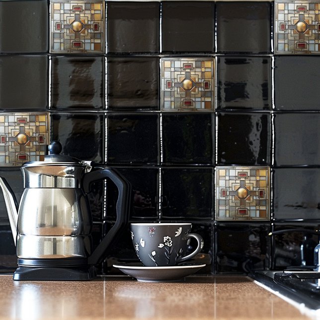 Art Deco Guld Grått Rust Tan Geometric Kakelplatta (Skapare uppladdad)