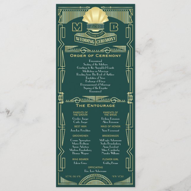 Art Deco Guld Grönt Order of Ceremony Entourage Program (Framsida)