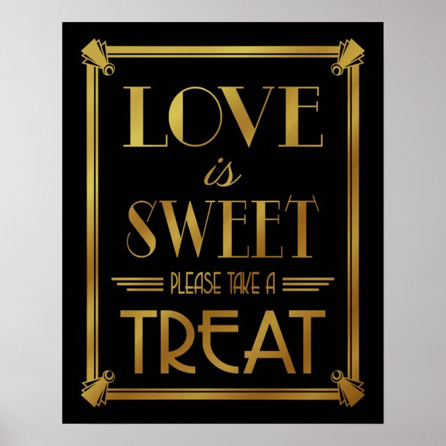 Art Deco GULD KÄRLEK ÄR SWEET B/G färg-byte Poster (Framsidan)