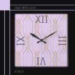 Art Deco Guld, Lavender & Plum Square Wall Clock Fyrkantig Klocka<br><div class="desc">Elegant Art Deco Guld backade i Lavender med Mörk Plum Roman Numbers och Trim. Underbar för infartshallar,  matsalar,  bostadsområden och annat. Finns i olika färg.</div>