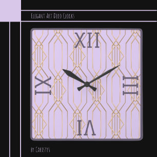 Art Deco Guld, Lavender & Plum Square Wall Clock Fyrkantig Klocka