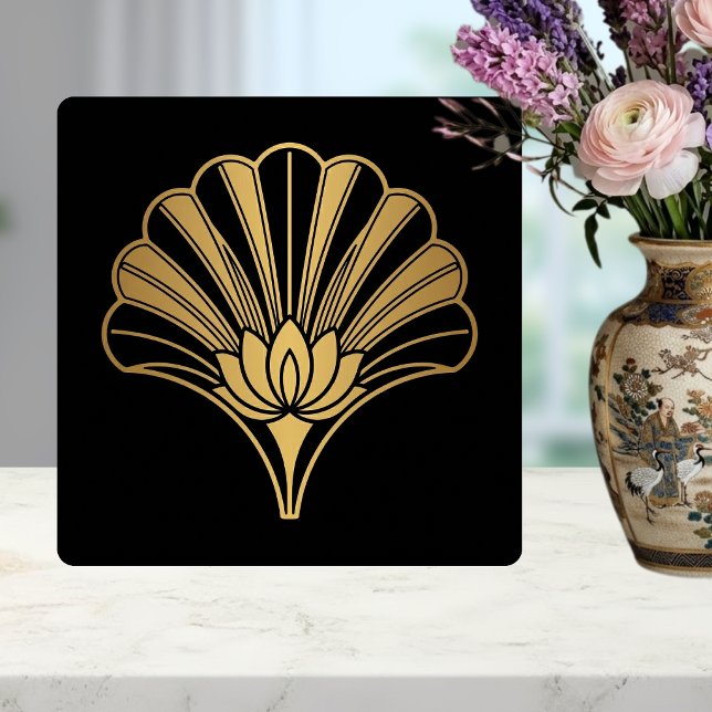 Art Deco Guld Lotus Fläkt Svart Keramisk Platta Kakelplatta (Skapare uppladdad)