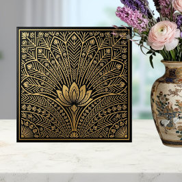 Art Deco Guld Lotus Svart Geometriskt Mönster Kakelplatta