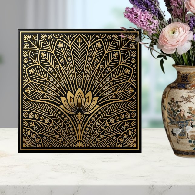 Art Deco Guld Lotus Svart Geometriskt Mönster Kakelplatta (Skapare uppladdad)
