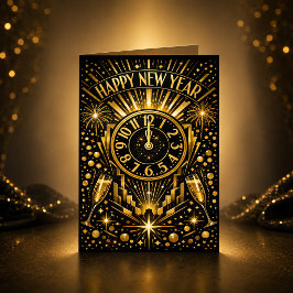 Art Deco Guld Midnattsklocka Firande Helgkort