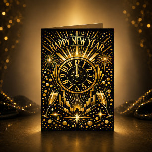 Art Deco Guld Midnattsklocka Firande Helgkort