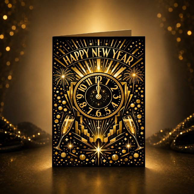 Art Deco Guld Midnattsklocka Firande Helgkort (Skapare uppladdad)