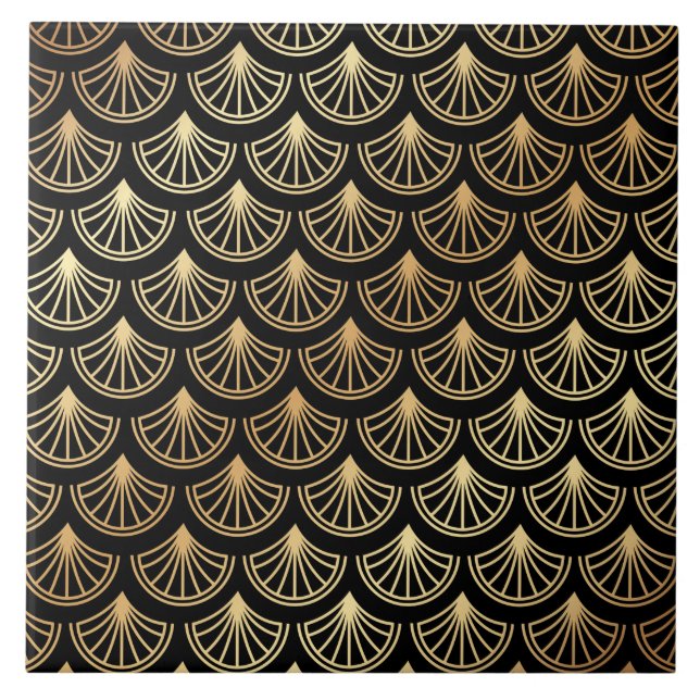 Art Deco Guld och Black Abstrakt Mönster Kakelplatta (Framsidan)