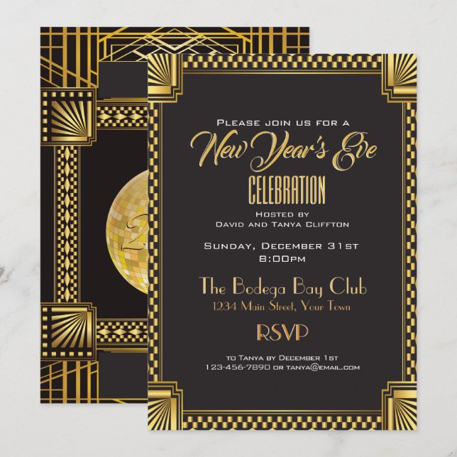Art Deco Guld och Black NYE Gatsby Stil Inbjudningar (Fram/baksida)