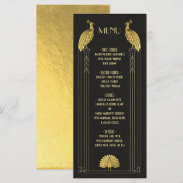 Art Deco Guld och Black Peacock Bröllop-menykort Meny