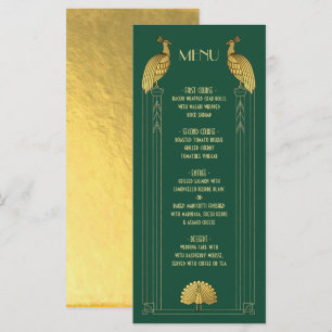 Art Deco Guld och Geen Peacock Bröllop menykort Meny
