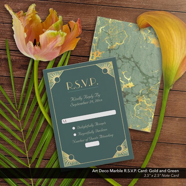 Art Deco Guld och Grönt Marble Bröllop R.S.V.P. Anteckningskort (Art Deco Gold and Green Marble Wedding R.S.V.P. Note Card)