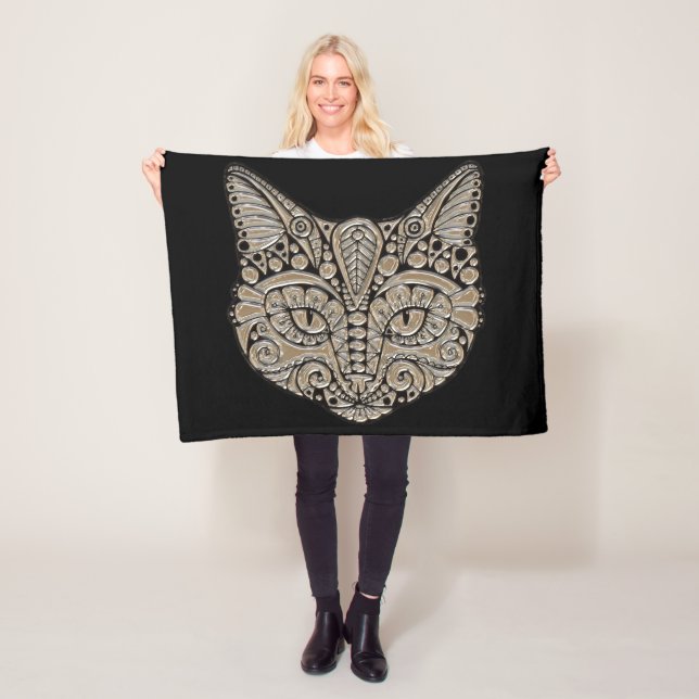 Art deco guld och svart egyptisk stil-katt fleecefilt (På plats)