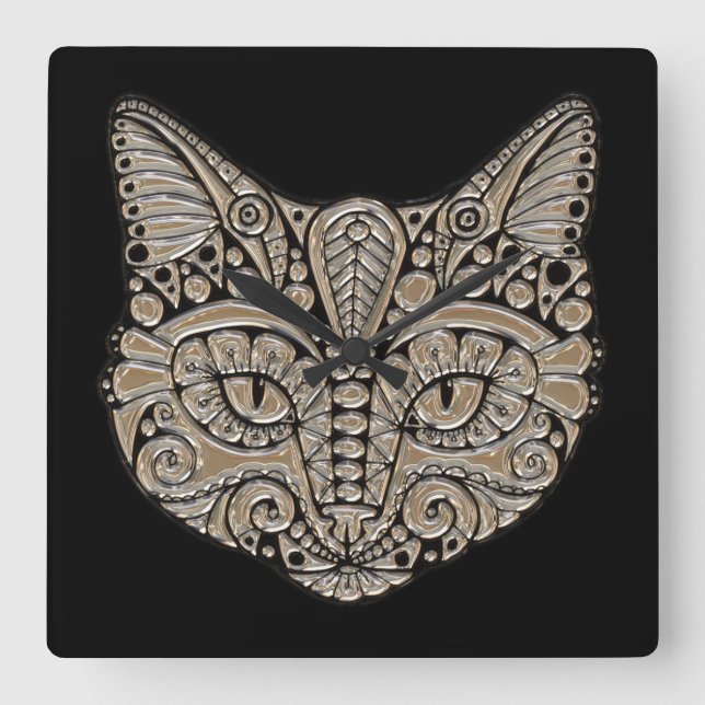 Art deco guld och svart egyptisk stil-katt fyrkantig klocka (Framsida)