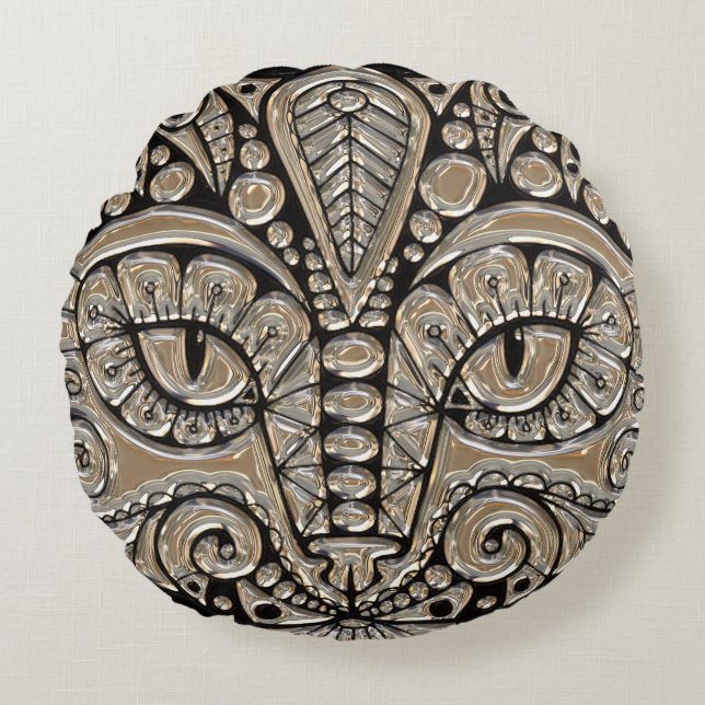 Art deco guld och svart egyptisk stil-katt rund kudde (Framsidan)