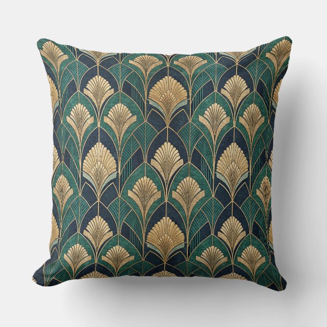 Art Deco Guld och Teal Geometriskt Abstrakt Mönste Kudde (Framsida)