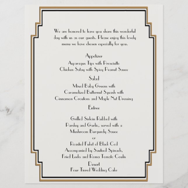 Art Deco Guld Posh Bröllop Menu (Framsida)