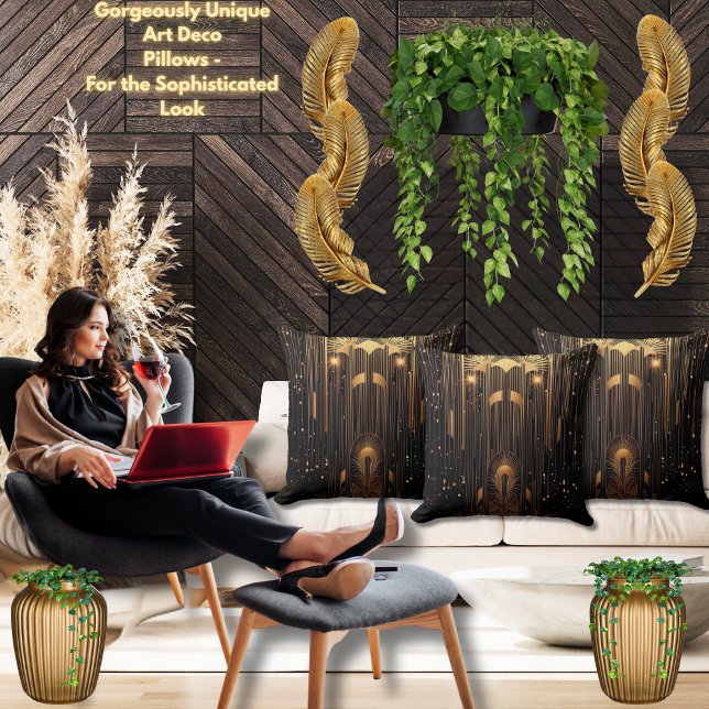 Art Deco Guld Rain Egyptian Art Black 20 x 20 Kudde (Beautiful black and gold Art Deco 20"x20" accent pillows.  Available in 16"x16" & desired fabric.)