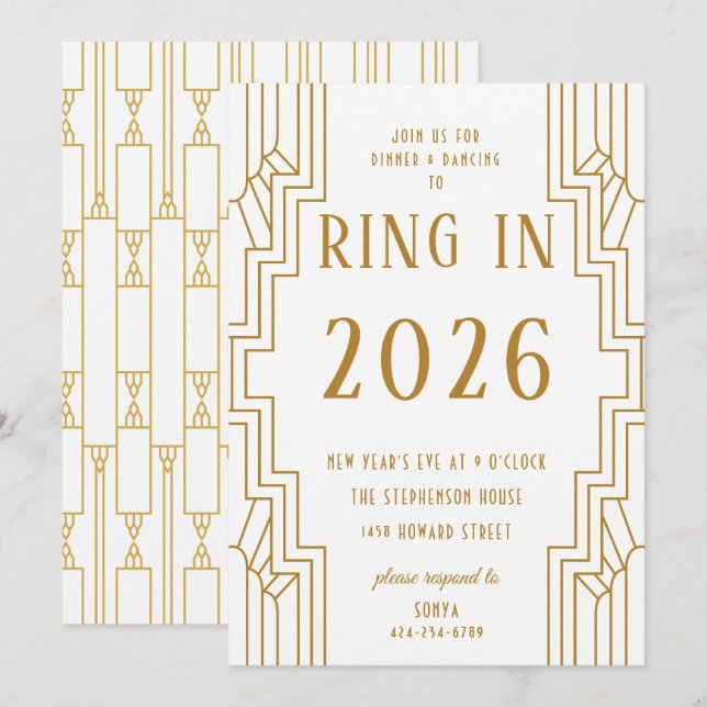 Art Deco Guld Ram Nyårsafton Fest Inbjudningar (Fram/baksida)