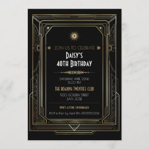 Art Deco Guld Ram Roaring Twenties Fest Inbjudningar