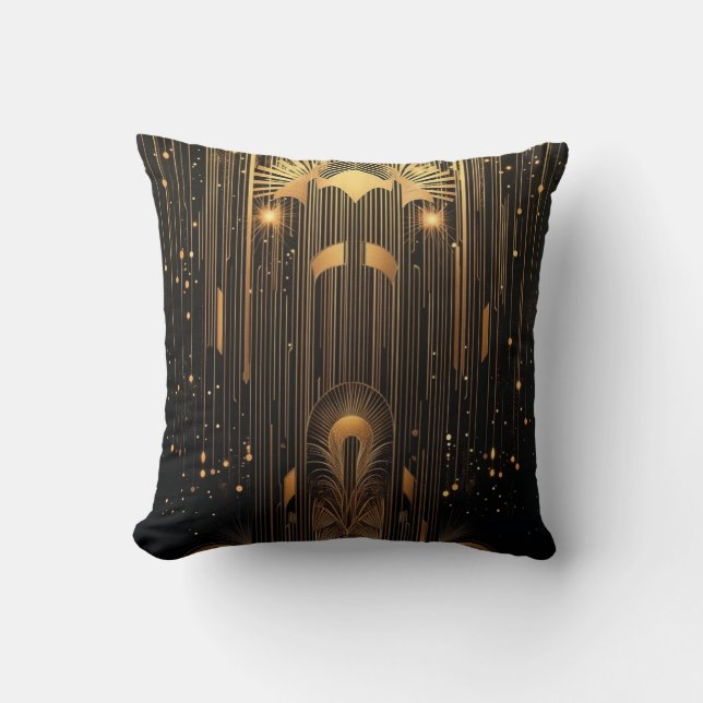 Art Deco Guld Regn Egyptisk Konst Svart 15 x 15 Kudde (Framsida)