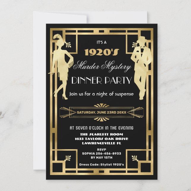 Art Deco Guld Rullande 20-tals Mordgåta Party Inbjudningar (Framsida)