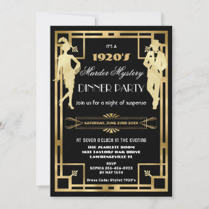 Art Deco Guld Rullande 20-tals Mordgåta Party Inbjudningar