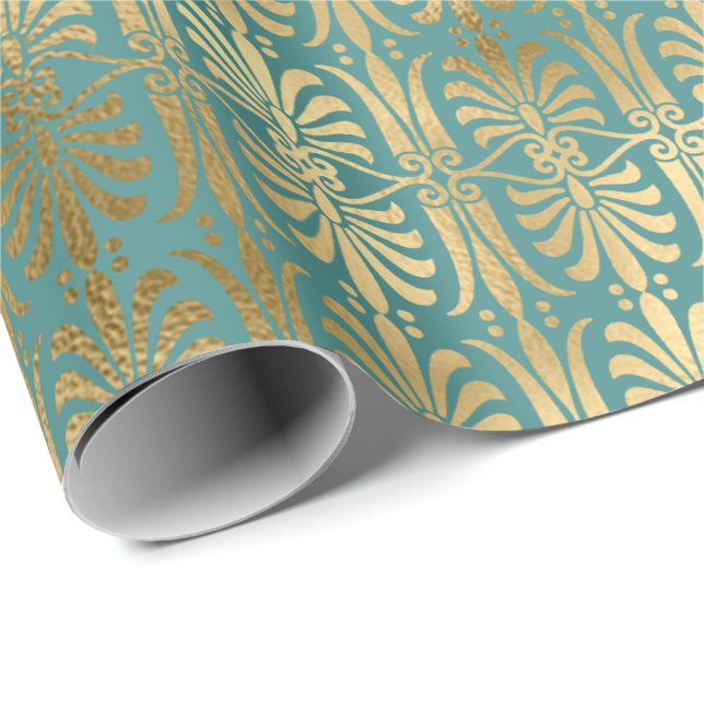 Art Deco Guld Sepia Metallic Teal Aquatic Presentpapper (Rullad Hörn)