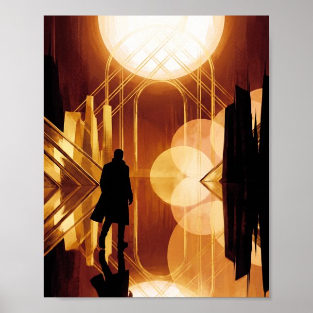 Art Deco Guld Sol Siluett Geometrisk Konst  Poster (Framsidan)