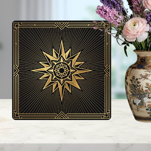 Art Deco Guld Solstrålning Kompass Grafisk Svart   Kakelplatta (Skapare uppladdad)