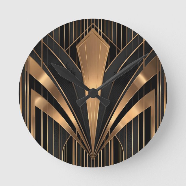 Art Deco Guld Solstrålning Lyxgeometri Rund Klocka (Framsida)
