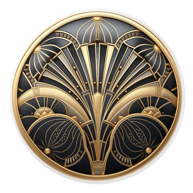 Art Deco Guld & Svart Abstrakt Fläktsdesign  Knopp (Framsidan)