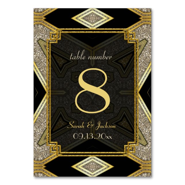 Art Deco Guld Svart Bröllops Bord Nummer Kort (Framsidan)