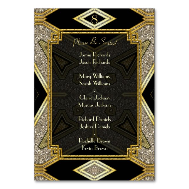 Art Deco Guld Svart Bröllops Bord Nummer & Namn Bordsnummer (Baksidan)