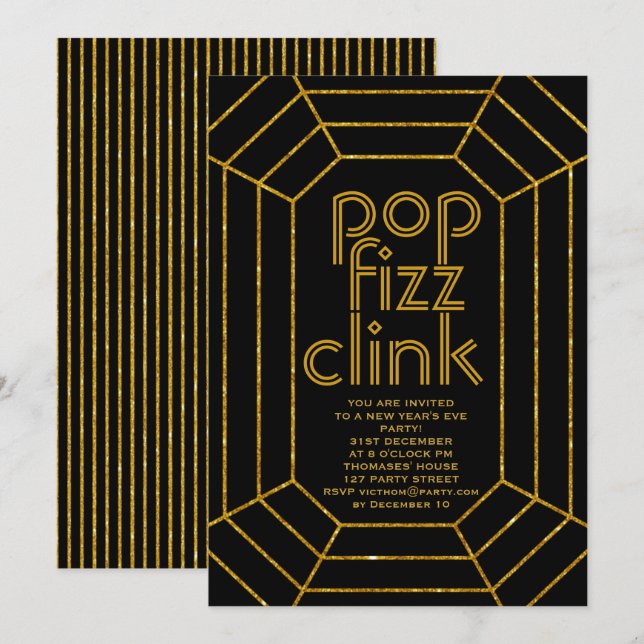 Art Deco guld svart popfizz clink New Year party Inbjudningar (Fram/baksida)