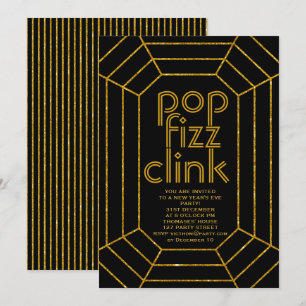 Art Deco guld svart popfizz clink New Year party Inbjudningar
