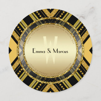 Art Deco Guld Svart Rund Bröllopsmeny Kort