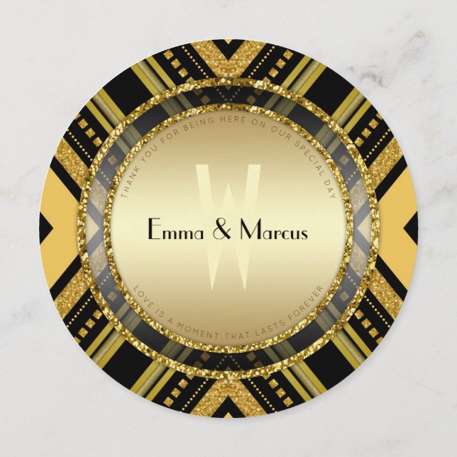 Art Deco Guld Svart Rund Bröllopsmeny Kort (Baksida)