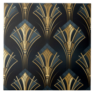 Art Deco Guld, Symmetrisk, flottan och cyan Kakelplatta