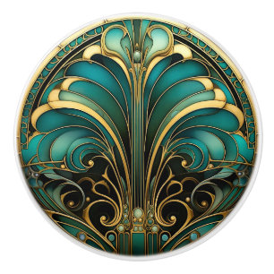 Art Deco Guld Turkos Abstrakt Blommande Blomma Knopp