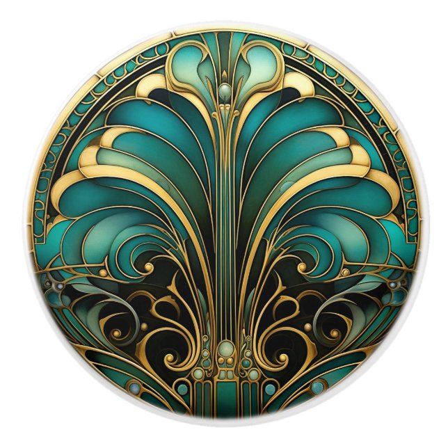 Art Deco Guld Turkos Abstrakt Blommande Blomma Knopp (Framsidan)