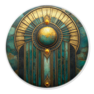 Art Deco Guld Turkos Abstrakt Lysande Sol Knopp