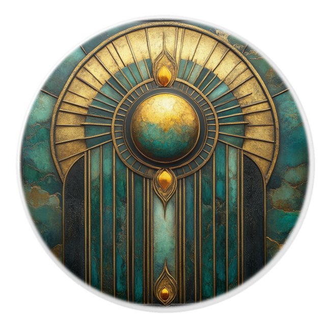 Art Deco Guld Turkos Abstrakt Lysande Sol  Knopp (Framsidan)