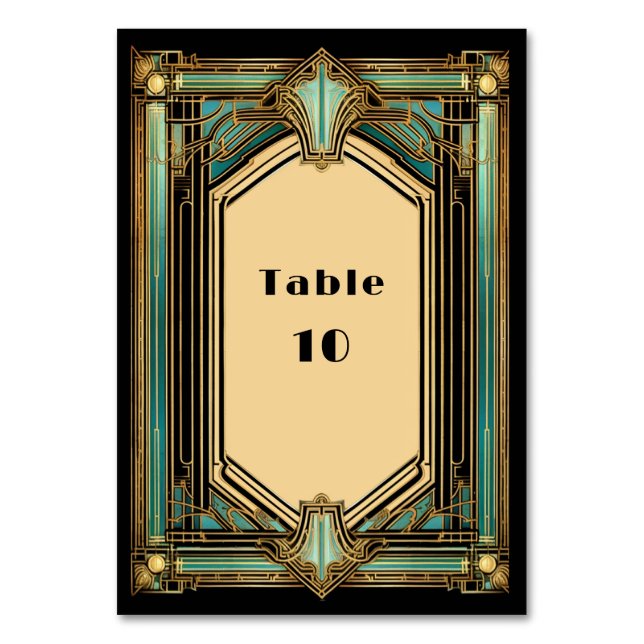 Art Deco Guld Turkos Svart Bröllop Bordsnummer (Framsidan)