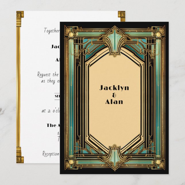 Art Deco Guld Turkos Svart Bröllop Inbjudningar (Fram/baksida)