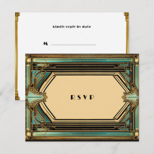 Art Deco Guld Turkos Svart Bröllop OSA Kort