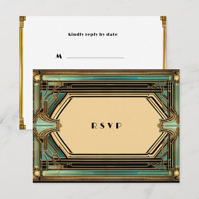 Art Deco Guld Turkos Svart Bröllop OSA Kort (Fram/baksida)